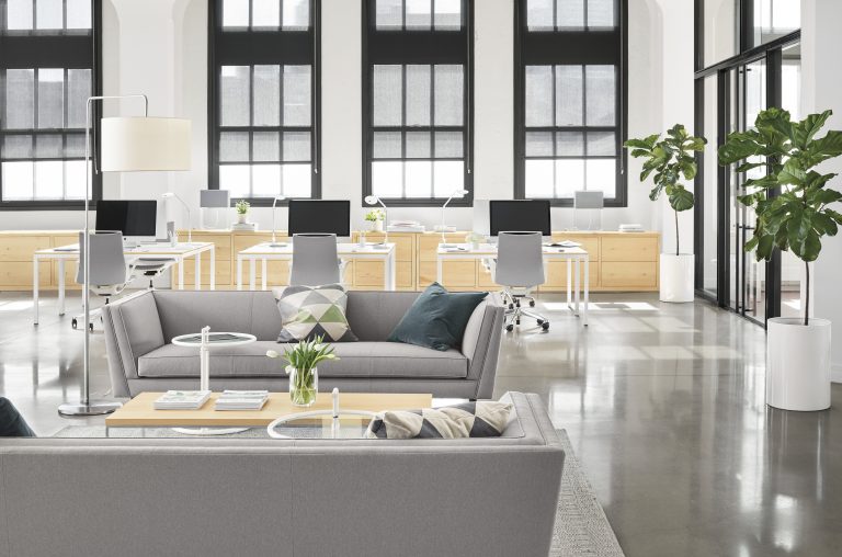 Naomi sofa, Plimode chair, and Parsons desk images